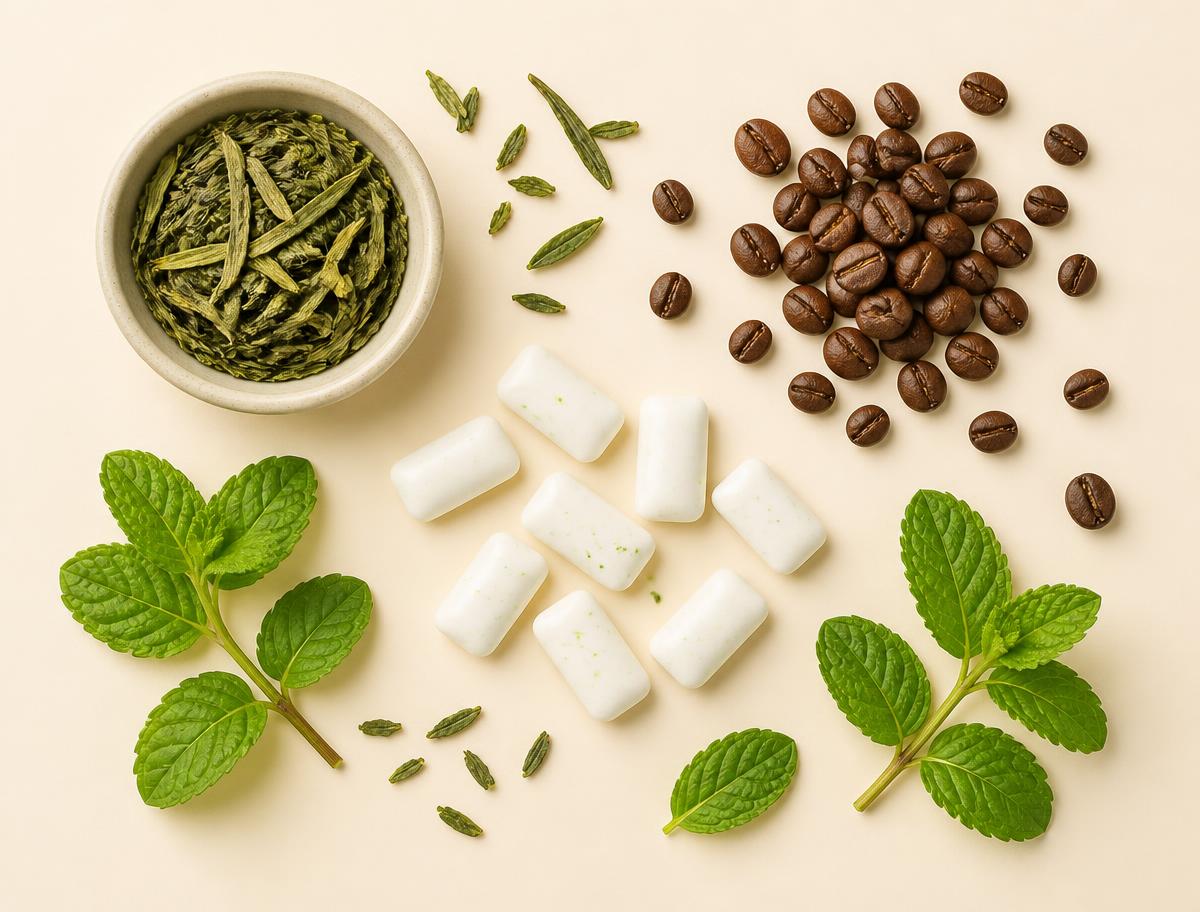 Green tea, coffee beans, mint and Tiko gum pieces laid out on cream
