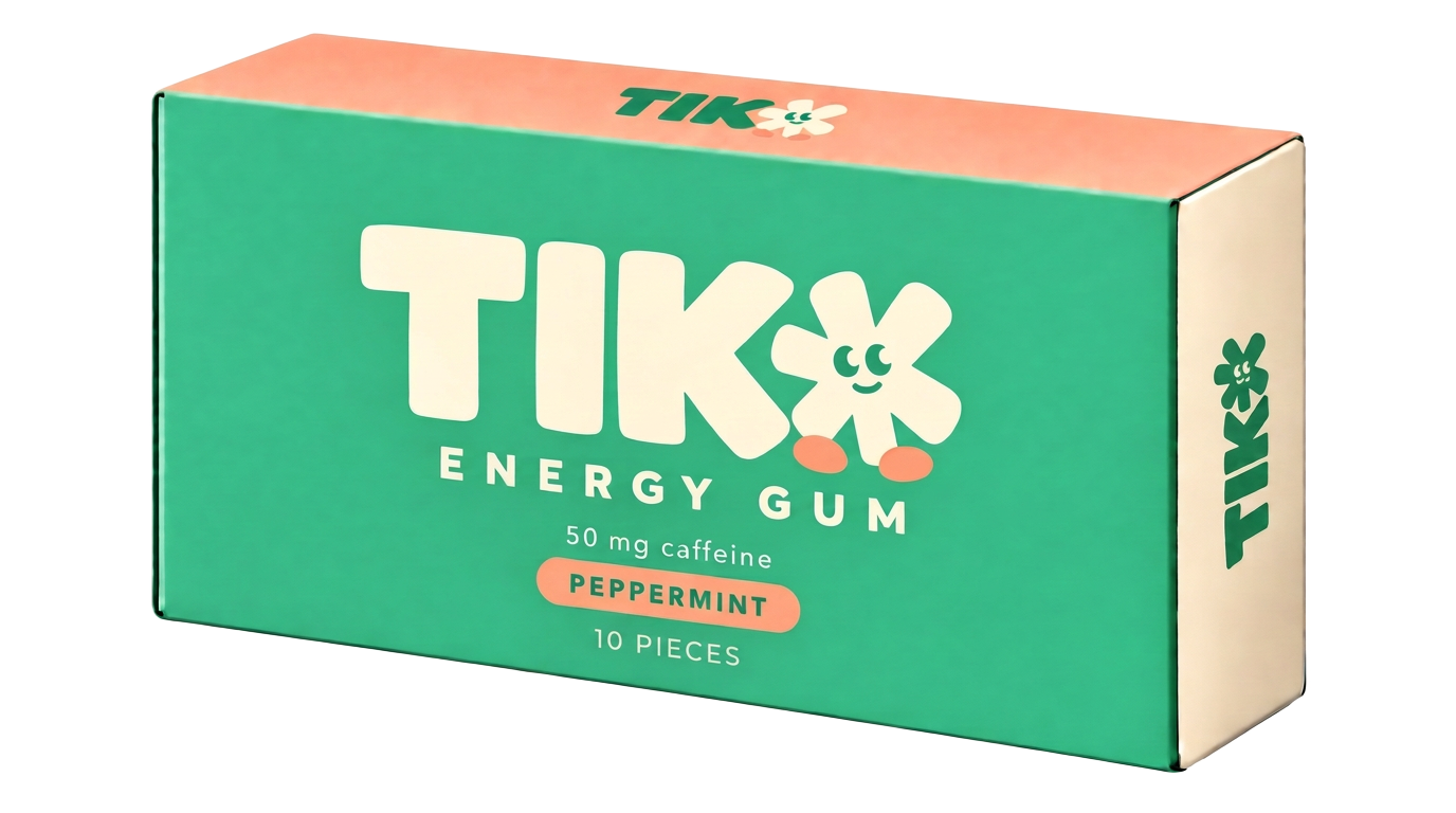 Tiko peppermint energy gum pack with 50 mg caffeine, 20 pieces